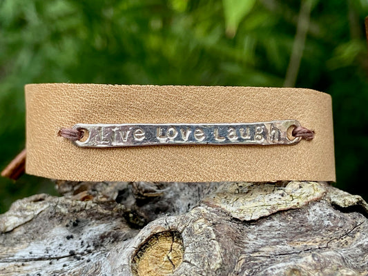 Silver Live, Love, Laugh Leather Bracelet